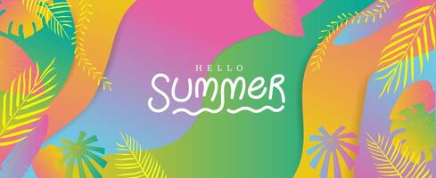 Colorful tropical summer header banner with gradient background and abstract jungle leaves for beach party flyer or seasonal promotion design vector