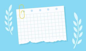 Torn Sheet of Graph Paper with a Golden Paperclip Accent Against a Serene Blue Background and Botanical Elements vector