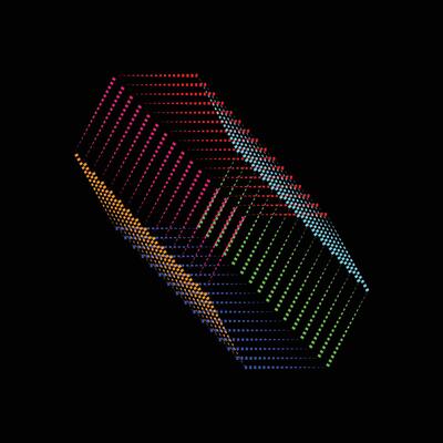 A vibrant isometric pixel grid artwork featuring layered squares in multiple bright colors including red green blue pink orange and cyan arranged in a 3D diamond like formation on a black background