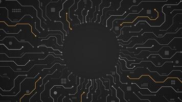 circuit board with grey wire connecting paths with tech yellow lines in circle background template vector