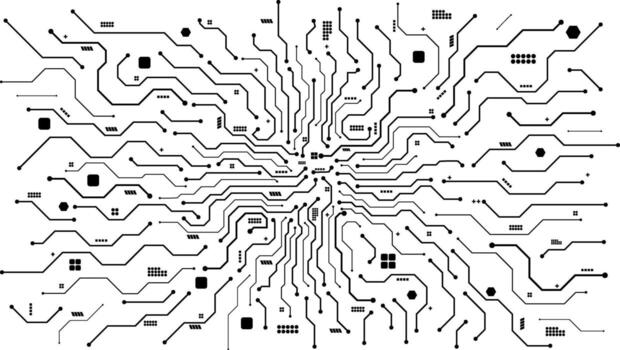 moderno tecnología circuito madre tablero modelo en negro conexión rutas y electrónico componentes vector