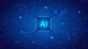 tech Artificial intelligence microprocessor in middle of circuit board in blue background template vector