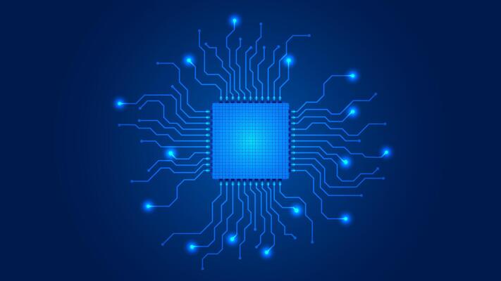 Micro processor, CPU connecting with circuit paths in blue tech background template
