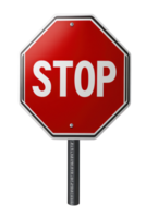Red octagonal stop sign positioned on a black post indicating a traffic halt in a clear area png