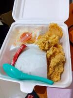 Crispy Fried Chicken in Styrofoam Takeaway Box with Sides photo