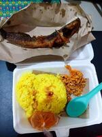 Nasi Kuning with Fried Catfish Indonesian Cuisine in Takeout Container photo