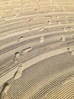 Serene Beach Sand Diagonal Lines Intersect Footprints, Golden Hour Light photo