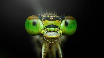 Extreme close-up of damselfly showing its compound eyes and mandibles photo