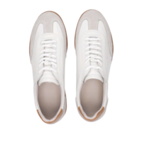 Overhead view of stylish, pristine white sneakers with subtle tan accents against a clean backdrop for a modern aesthetic. png