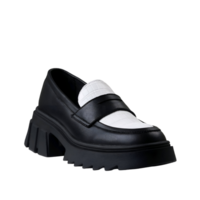 Stylish chunky heel loafer in black and white perfect for making a fashion statement offering comfort and sophistication. png