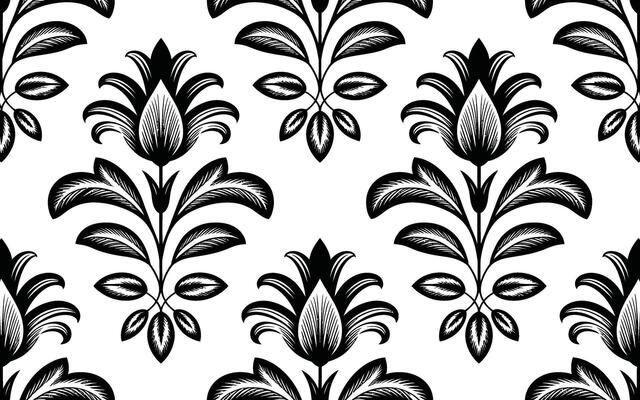 Black and White Floral Damask Pattern on White Background