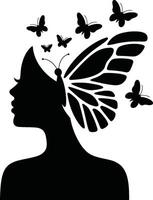 Silhouette of Woman with Butterfly Wing and Butterflies vector