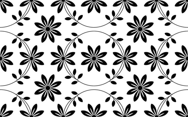 Black and White Floral Pattern with Repeating Flower and Leaf Elements