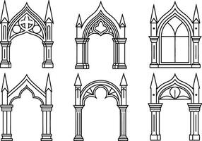 Six Black and White Gothic Archway Illustrations architecture vector