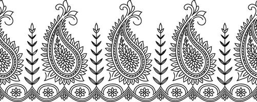 Black and White Paisley Border Pattern with Floral and Leaf Elements vector