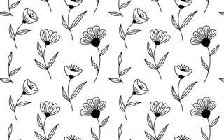 Black and white floral pattern with stylized flower and leaves vector
