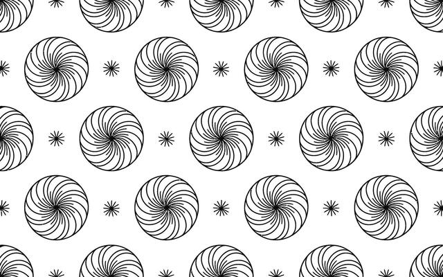 Black and white spiral and star pattern on white background