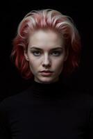 A white girl with fair skin, 22 years old, with red and white wavy hair, wearing a black turtleneck sweater in a black background photo