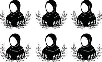 Six Black Hijab Silhouettes with Laurel Wreaths on White Background vector
