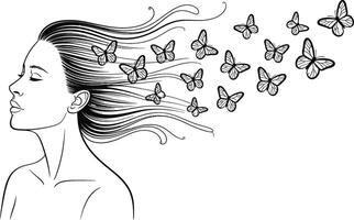 Woman Profile with Flowing Hair and Butterfly Illustration vector