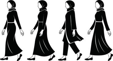 Black and White Silhouettes of Women in Hijabs Walking vector