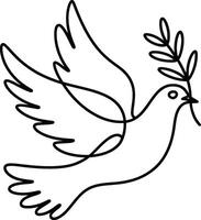 Black Outline Dove Carrying Olive Branch on White Background vector