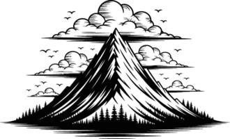 Black and white mountain scene with clouds birds and trees vector