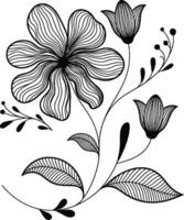 Black and White Floral Illustration with Detailed Petals and Leaves vector