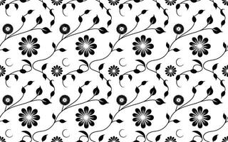 Black and White Floral Pattern with Flowers Leaves and C Shapes vector