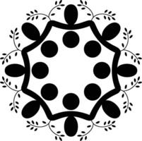 Black and White Floral Mandala with Leafy Branches and Circles vector