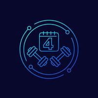 four day workout plan icon, 4 day split training program, linear design vector