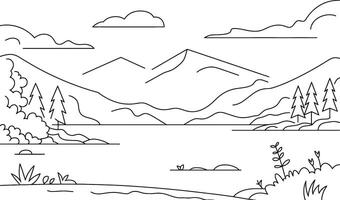 Black and white minimalist landscape illustration with mountains trees and clouds vector