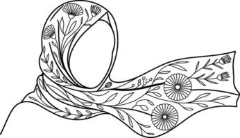 Black and White Floral Hijab Illustration with Flowing Scarf vector