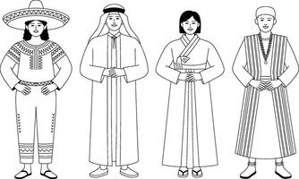 Outlined Figures in Traditional Clothing Representing Different Cultures vector