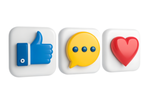 Three social media interaction icons are isolated on transparent background png