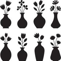 Eight Stylish Black Silhouette Vases with Various Flowers, Elegant Home Decor, Minimalist Artwork, Simple Design vector