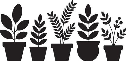 Five Stylish Silhouette Houseplants in Pots A Chic Minimalist Home Decor Design - Professional digital artwork with vibrant colors and detailed composition vector