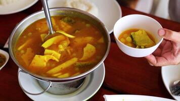 Ladling soup into a bowl at a table video