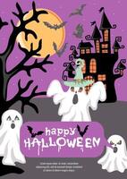 Happy Halloween. Trendy holiday poster with ghosts, bats and scary castles. October 31 holiday evening creative design. vector