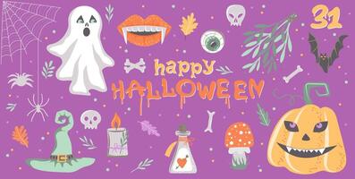 contento Víspera de Todos los Santos. colección de mano dibujado Días festivos elementos calabaza, fantasmas, arañas, bruja sombrero vector
