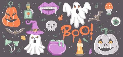 contento Víspera de Todos los Santos. colección de mano dibujado Días festivos elementos calabaza, fantasma, cráneo, murciélago, bruja sombrero. vector
