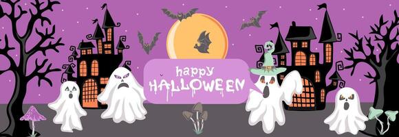 Happy Halloween. Trendy holiday banner with ghosts, bats and scary castles. October 31 holiday evening creative design vector