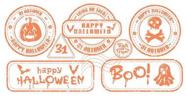 Set of Happy Halloween grunge retro rubber stamps with ghost, pumpkin ang flying bat. Collection of grunge textured holiday stickers or labels vector