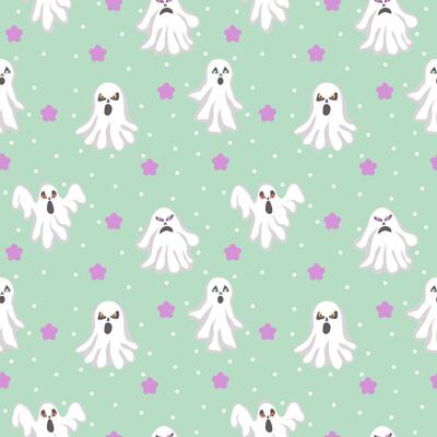 Cute Halloween Ghosts on Mint Spooky Seamless Pattern. Modern holiday print for textile, fabric, wallpaper, wrapping, gift wrap, paper, scrapbook and packaging