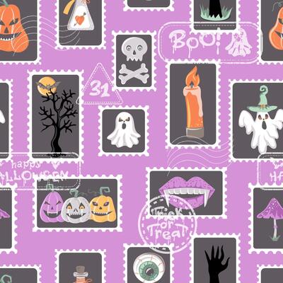 Retro postage stamps Halloween Seamless Pattern. Modern holiday print for textile, fabric, wallpaper, wrapping, gift wrap, paper, scrapbook and packaging.