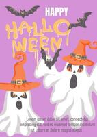 Happy Halloween. Trendy holiday poster with ghosts in witch hats and flying bats. October 31 holiday evening creative design. vector