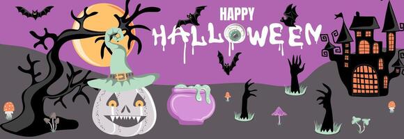 Happy Halloween. Trendy holiday banner with pumpkin, bats and scary castles. October 31 holiday evening creative design vector