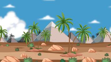 Animated desert scene with pyramids and palm trees video