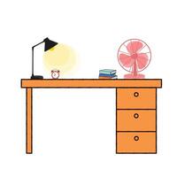 Desk with lamp, fan, books, and alarm clock vector