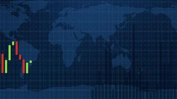 Candlestick chart animation illustrating market fluctuations over a world map backdrop, highlighting financial trends and economic dynamics video